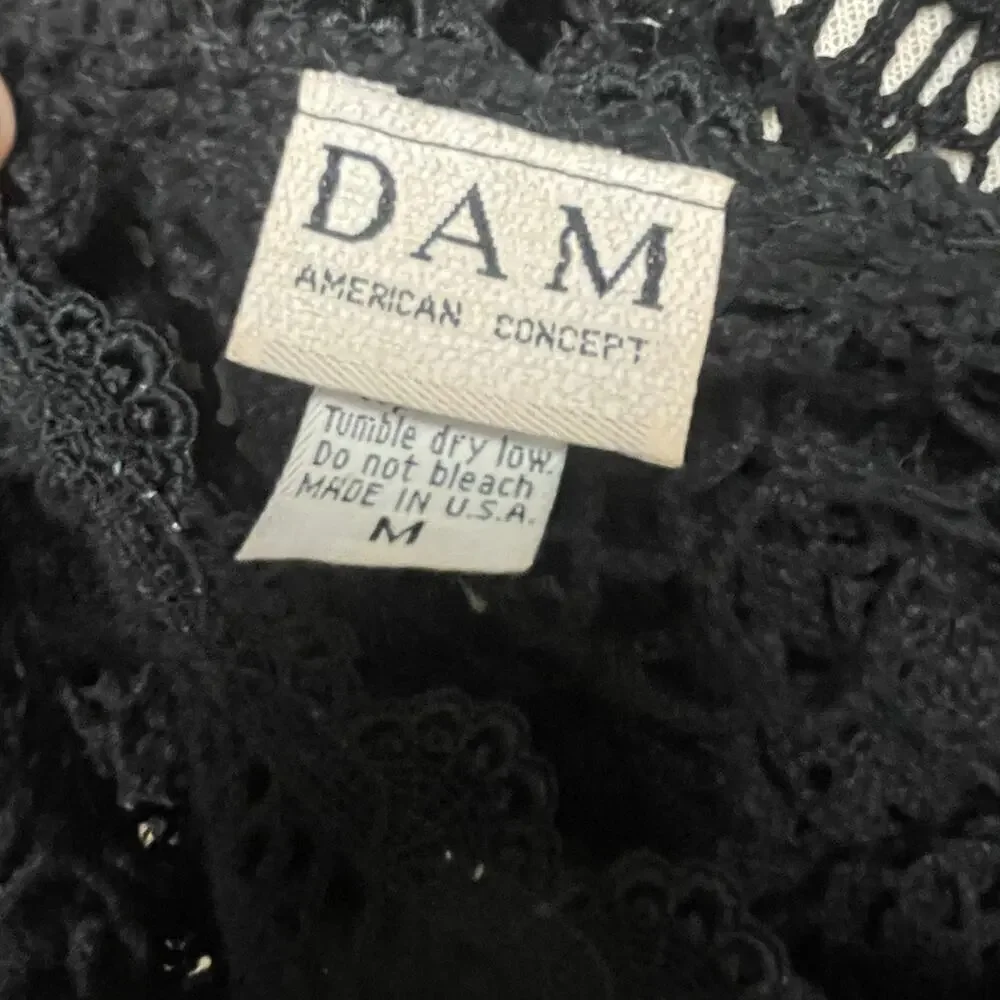 Vintage Black Crochet Dress Coverup Size Medium Cotton DAM American Concept VTG